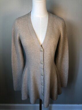 NWT Maeve Anthropologie Taupe Ribbed Knit Peplum Button-Up Cardigan Sweater Sz M